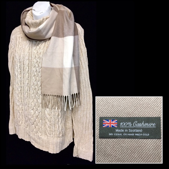 Scotland Cashmere Accessories - 100% Cashmere Made In Scotland Cream & Tan Scarf